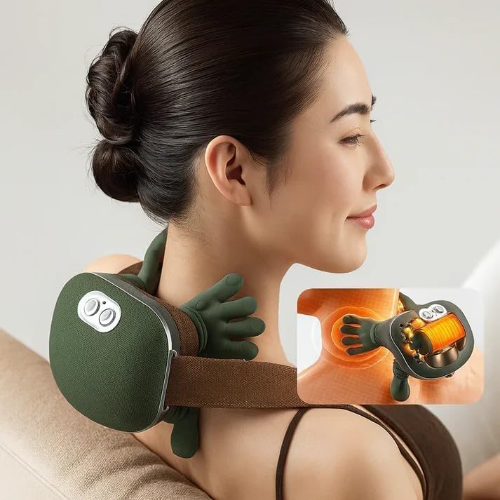 Kalmora - Bionic Heated Massager, Portable Shiatsu Neck and Back Massager, Electric Deep Tissue 4D Kneading Massage, Simulated Human Hand Design for Pain Relief and Muscle Relax (Green)