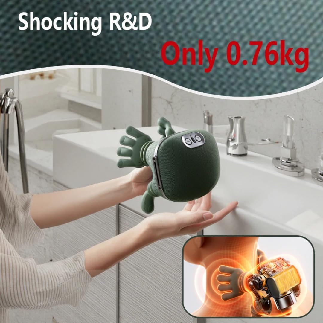 Kalmora - Bionic Heated Massager, Portable Shiatsu Neck and Back Massager, Electric Deep Tissue 4D Kneading Massage, Simulated Human Hand Design for Pain Relief and Muscle Relax (Green)